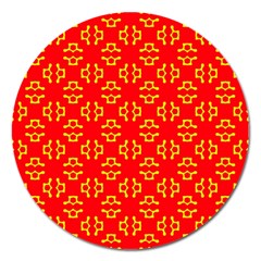 Red Background Yellow Shapes Magnet 5  (round) by Simbadda