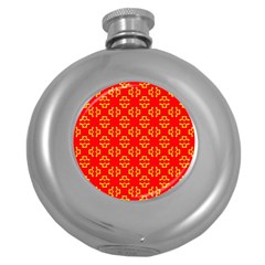 Red Background Yellow Shapes Round Hip Flask (5 Oz) by Simbadda