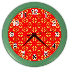 Red Background Yellow Shapes Color Wall Clock by Simbadda