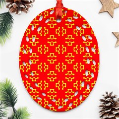 Red Background Yellow Shapes Ornament (oval Filigree) by Simbadda