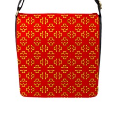 Red Background Yellow Shapes Flap Closure Messenger Bag (l) by Simbadda