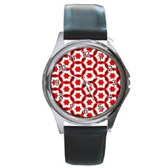 Pattern Red White Texture Seamless Round Metal Watch by Simbadda