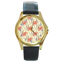 Flower Flora Leaf Wallpaper Round Gold Metal Watch by Simbadda