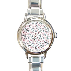 Watercolor Roses Lace Background Round Italian Charm Watch by Simbadda