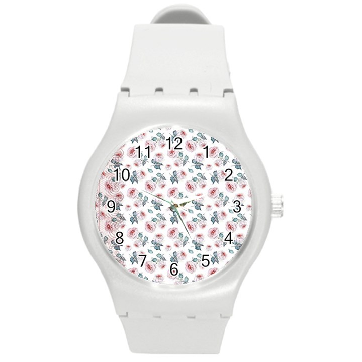 Watercolor Roses Lace Background Round Plastic Sport Watch (M)