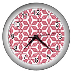 White Background Red Flowers Texture Wall Clock (silver) by Simbadda