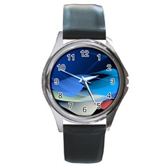 Flower Background Blue Design Round Metal Watch