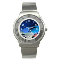 Flower Background Blue Design Stainless Steel Watch