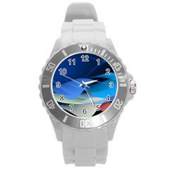 Flower Background Blue Design Round Plastic Sport Watch (L)