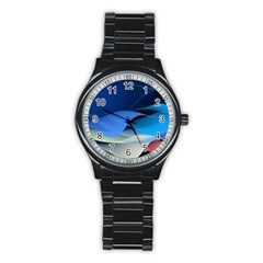 Flower Background Blue Design Stainless Steel Round Watch