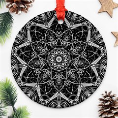 Black And White Pattern Monochrome Lighting Circle Neon Psychedelic Illustration Design Symmetry Ornament (round) by Vaneshart