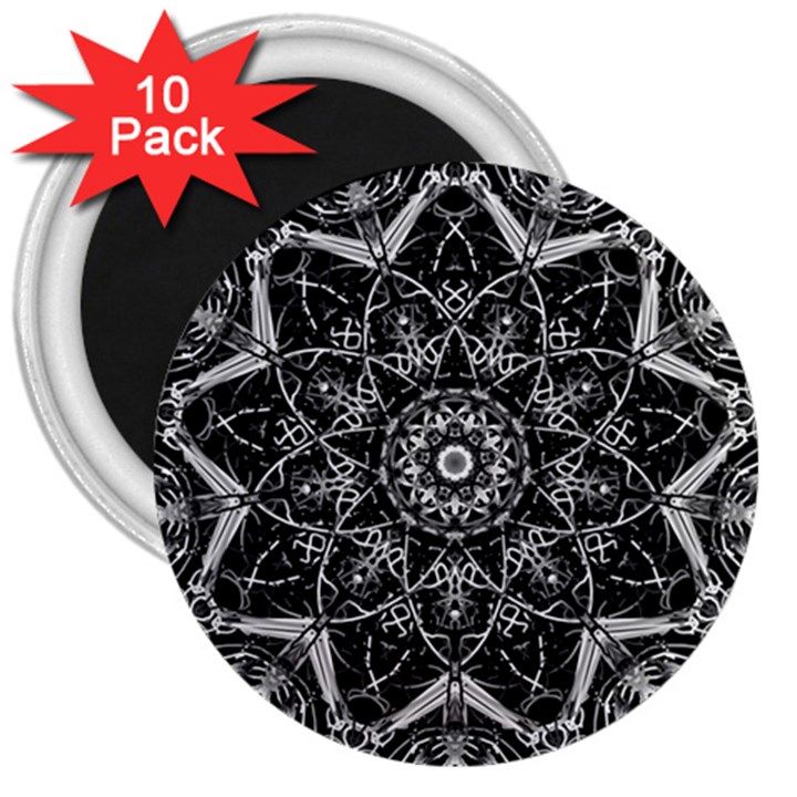 Black And White Pattern Monochrome Lighting Circle Neon Psychedelic Illustration Design Symmetry 3  Magnets (10 pack) 