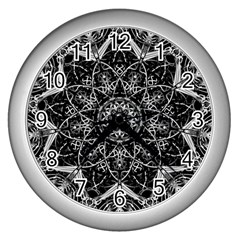 Black And White Pattern Monochrome Lighting Circle Neon Psychedelic Illustration Design Symmetry Wall Clock (silver) by Vaneshart