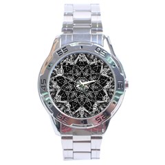 Black And White Pattern Monochrome Lighting Circle Neon Psychedelic Illustration Design Symmetry Stainless Steel Analogue Watch by Vaneshart