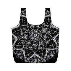 Black And White Pattern Monochrome Lighting Circle Neon Psychedelic Illustration Design Symmetry Full Print Recycle Bag (m) by Vaneshart