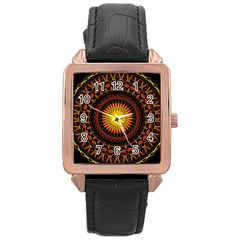 Spiral Pattern Circle Neon Psychedelic Illustration Design Symmetry Shape Mandala Rose Gold Leather Watch  by Vaneshart