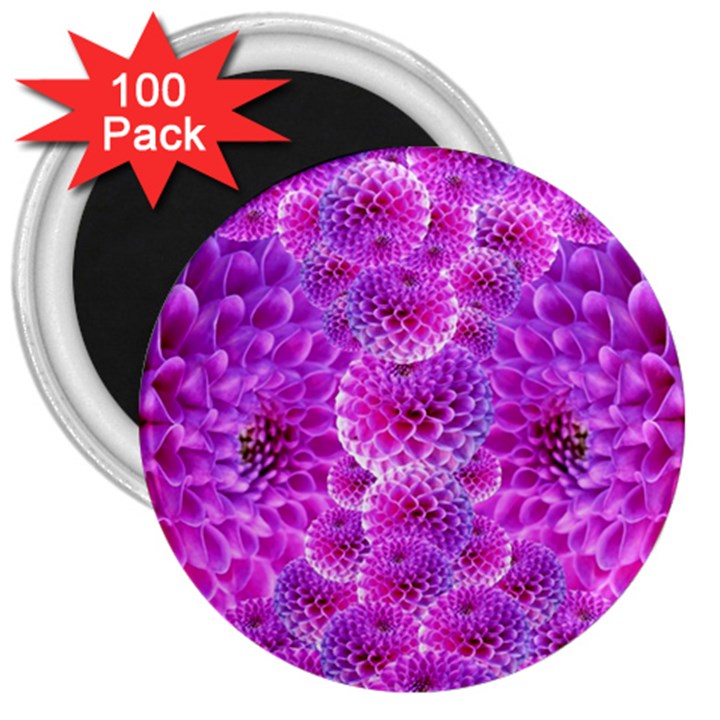 Nature Blossom Plant Flower Purple Petal Bloom Pattern Pollen Pink Flora Flowers Dahlia Design Beaut 3  Magnets (100 pack)