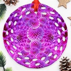 Nature Blossom Plant Flower Purple Petal Bloom Pattern Pollen Pink Flora Flowers Dahlia Design Beaut Round Filigree Ornament (two Sides) by Vaneshart