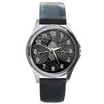 Black And White Plant Leaf Flower Pattern Line Black Monochrome Material Circle Spider Web Design Round Metal Watch Front