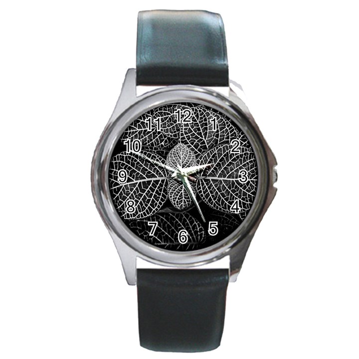 Black And White Plant Leaf Flower Pattern Line Black Monochrome Material Circle Spider Web Design Round Metal Watch