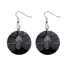 Black And White Plant Leaf Flower Pattern Line Black Monochrome Material Circle Spider Web Design Mini Button Earrings by Vaneshart