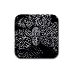 Black And White Plant Leaf Flower Pattern Line Black Monochrome Material Circle Spider Web Design Rubber Square Coaster (4 Pack)  by Vaneshart