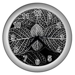 Black And White Plant Leaf Flower Pattern Line Black Monochrome Material Circle Spider Web Design Wall Clock (silver) by Vaneshart