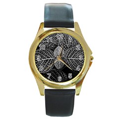 Black And White Plant Leaf Flower Pattern Line Black Monochrome Material Circle Spider Web Design Round Gold Metal Watch by Vaneshart