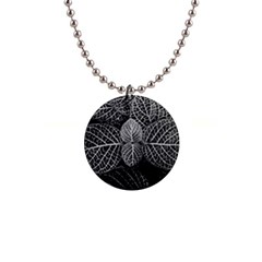 Black And White Plant Leaf Flower Pattern Line Black Monochrome Material Circle Spider Web Design 1  Button Necklace by Vaneshart