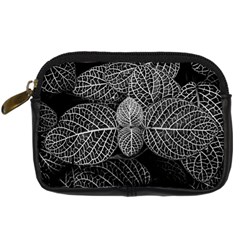 Black And White Plant Leaf Flower Pattern Line Black Monochrome Material Circle Spider Web Design Digital Camera Leather Case by Vaneshart