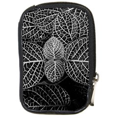 Black And White Plant Leaf Flower Pattern Line Black Monochrome Material Circle Spider Web Design Compact Camera Leather Case by Vaneshart