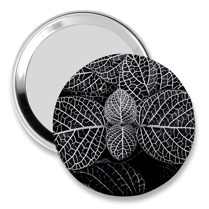 Black And White Plant Leaf Flower Pattern Line Black Monochrome Material Circle Spider Web Design 3  Handbag Mirrors