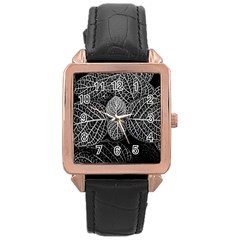 Black And White Plant Leaf Flower Pattern Line Black Monochrome Material Circle Spider Web Design Rose Gold Leather Watch  by Vaneshart