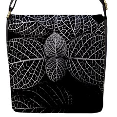 Black And White Plant Leaf Flower Pattern Line Black Monochrome Material Circle Spider Web Design Flap Closure Messenger Bag (s) by Vaneshart