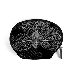 Black And White Plant Leaf Flower Pattern Line Black Monochrome Material Circle Spider Web Design Accessory Pouch (small) by Vaneshart