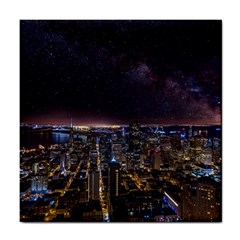 Light Sky Skyline Night Star Milky Way Cosmos Spiral City Skyscraper Urban Cityscape Dark San Franci Tile Coaster by Vaneshart