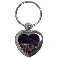 Light Sky Skyline Night Star Milky Way Cosmos Spiral City Skyscraper Urban Cityscape Dark San Franci Key Chain (heart) by Vaneshart