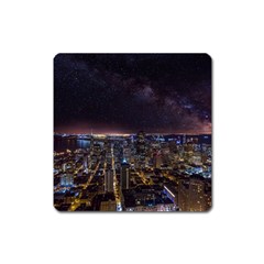 Light Sky Skyline Night Star Milky Way Cosmos Spiral City Skyscraper Urban Cityscape Dark San Franci Square Magnet by Vaneshart