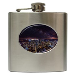 Light Sky Skyline Night Star Milky Way Cosmos Spiral City Skyscraper Urban Cityscape Dark San Franci Hip Flask (6 Oz) by Vaneshart