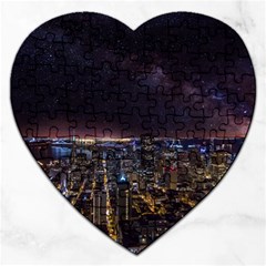 Light Sky Skyline Night Star Milky Way Cosmos Spiral City Skyscraper Urban Cityscape Dark San Franci Jigsaw Puzzle (heart) by Vaneshart