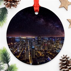 Light Sky Skyline Night Star Milky Way Cosmos Spiral City Skyscraper Urban Cityscape Dark San Franci Round Ornament (two Sides) by Vaneshart