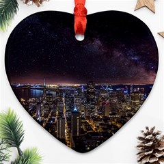 Light Sky Skyline Night Star Milky Way Cosmos Spiral City Skyscraper Urban Cityscape Dark San Franci Heart Ornament (two Sides) by Vaneshart