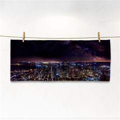 Light Sky Skyline Night Star Milky Way Cosmos Spiral City Skyscraper Urban Cityscape Dark San Franci Hand Towel by Vaneshart