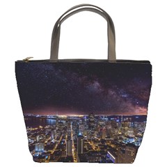 Light Sky Skyline Night Star Milky Way Cosmos Spiral City Skyscraper Urban Cityscape Dark San Franci Bucket Bag by Vaneshart