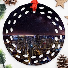 Light Sky Skyline Night Star Milky Way Cosmos Spiral City Skyscraper Urban Cityscape Dark San Franci Ornament (round Filigree) by Vaneshart