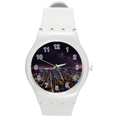 Light Sky Skyline Night Star Milky Way Cosmos Spiral City Skyscraper Urban Cityscape Dark San Franci Round Plastic Sport Watch (m) by Vaneshart