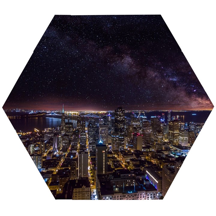 Light Sky Skyline Night Star Milky Way Cosmos Spiral City Skyscraper Urban Cityscape Dark San Franci Wooden Puzzle Hexagon