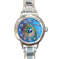 Nature Bird Wing Texture Animal Male Wildlife Decoration Pattern Line Green Color Blue Colorful Round Italian Charm Watch by Vaneshart