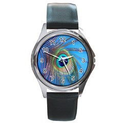 Nature Bird Wing Texture Animal Male Wildlife Decoration Pattern Line Green Color Blue Colorful Round Metal Watch by Vaneshart