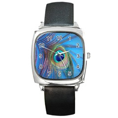 Nature Bird Wing Texture Animal Male Wildlife Decoration Pattern Line Green Color Blue Colorful Square Metal Watch by Vaneshart